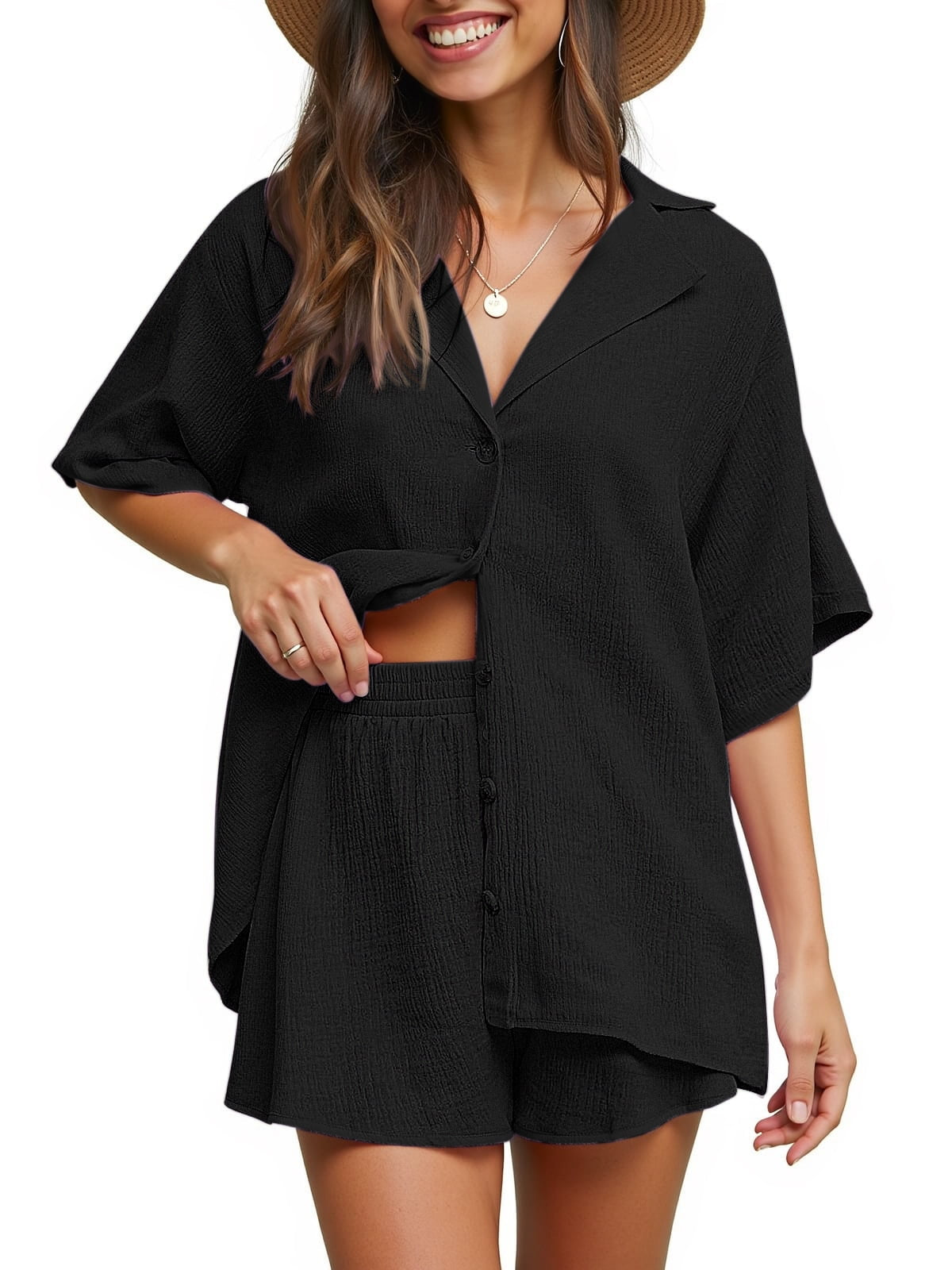 2 Piece Womens Outfit Sets Button down Shirts and Shorts Casual Lounge Sets Short Sleeve Pajamas Sets Summer Loungewear