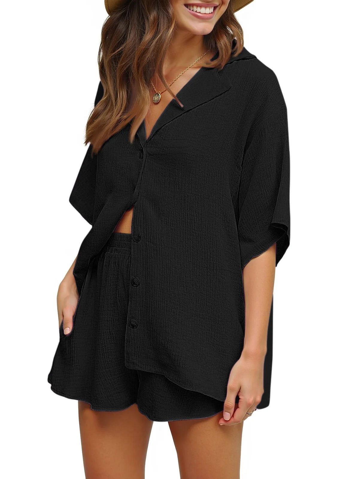 2 Piece Womens Outfit Sets Button down Shirts and Shorts Casual Lounge Sets Short Sleeve Pajamas Sets Summer Loungewear