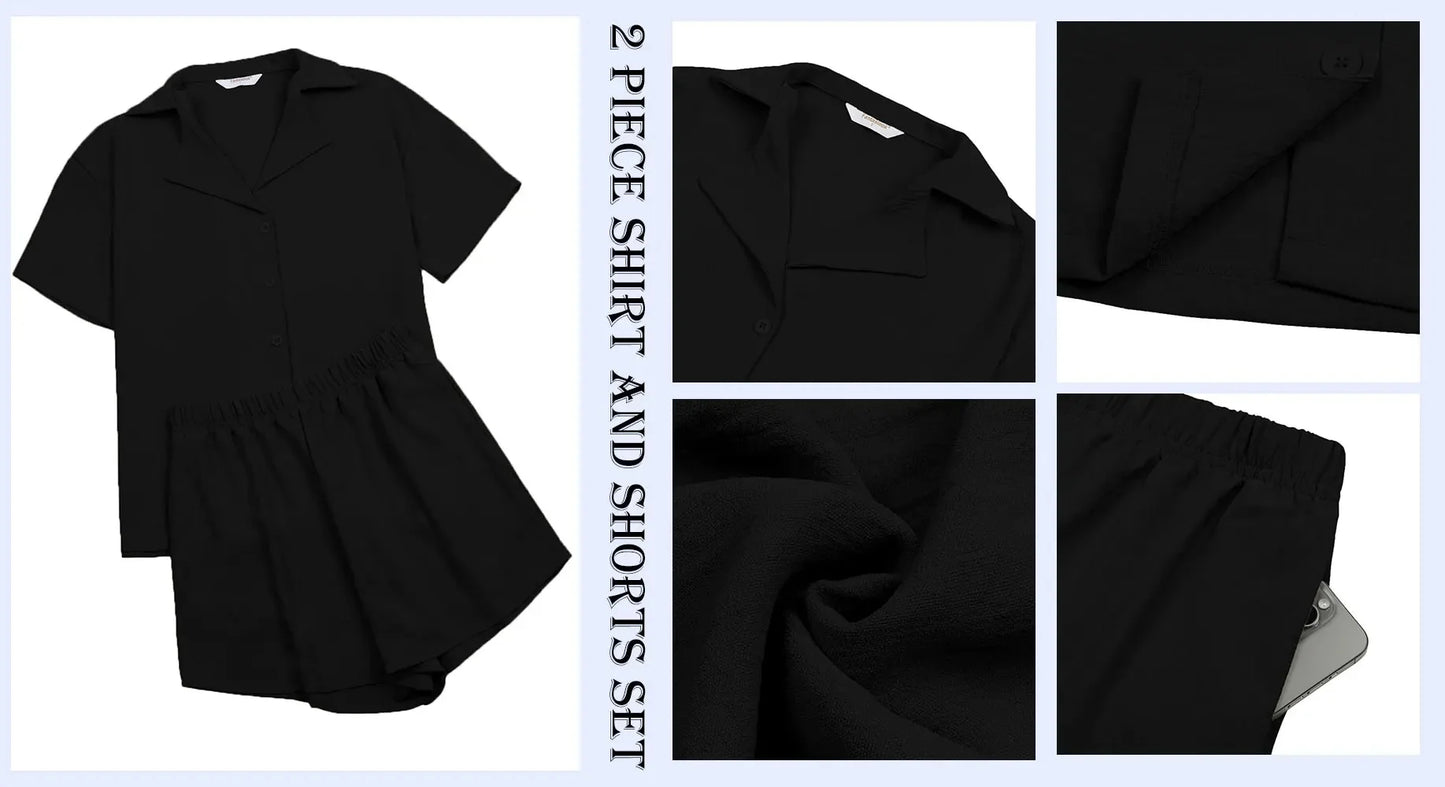 2 Piece Womens Outfit Sets Button down Shirts and Shorts Casual Lounge Sets Short Sleeve Pajamas Sets Summer Loungewear