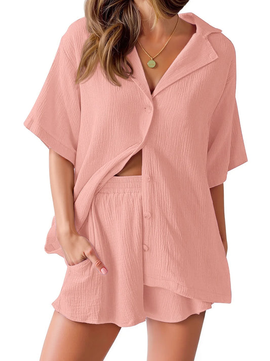 2 Piece Womens Outfit Sets Button down Shirts and Shorts Casual Lounge Sets Short Sleeve Pajamas Sets Summer Loungewear