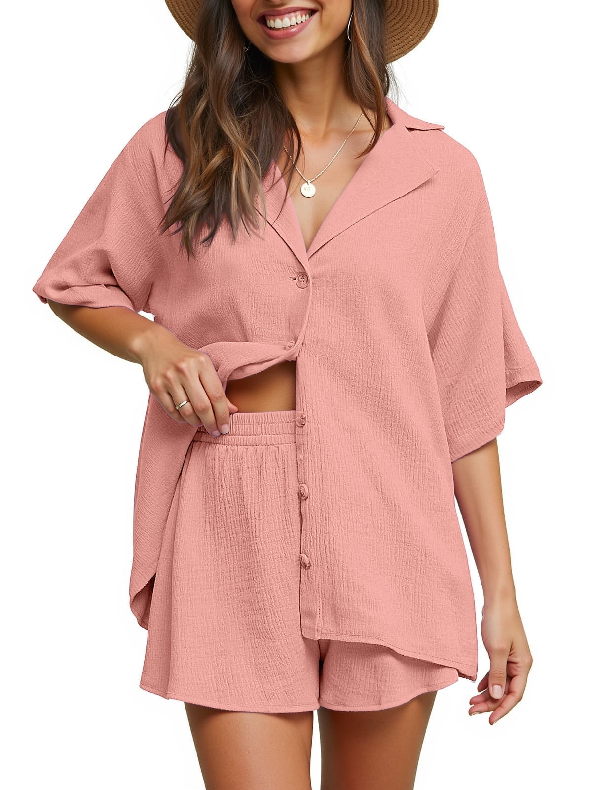 2 Piece Womens Outfit Sets Button down Shirts and Shorts Casual Lounge Sets Short Sleeve Pajamas Sets Summer Loungewear